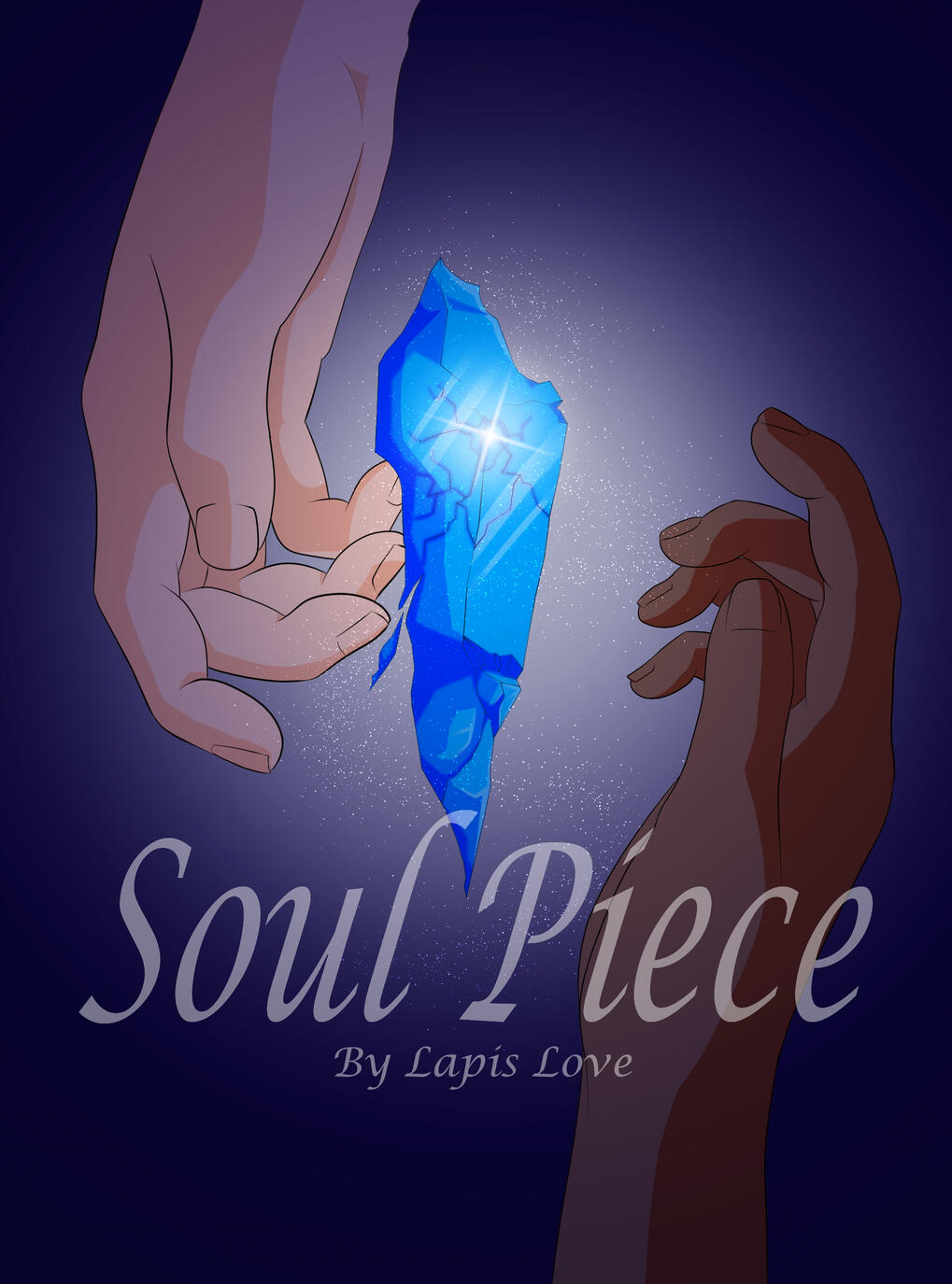 Two hands reaching from opposing ends of the image towards a glowing shard